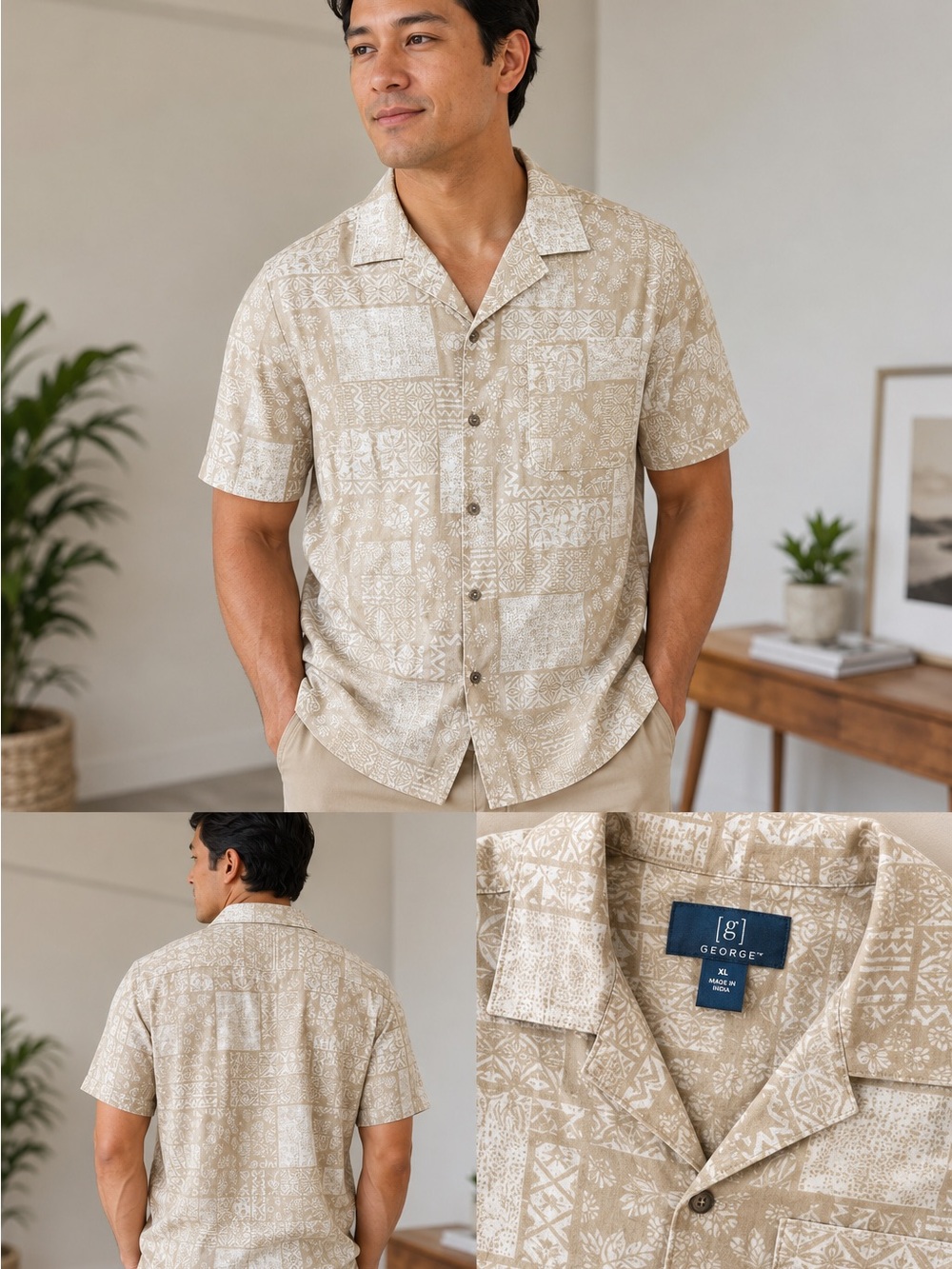 George Beige Short-Sleeve Printed Camp Shirt -NWT